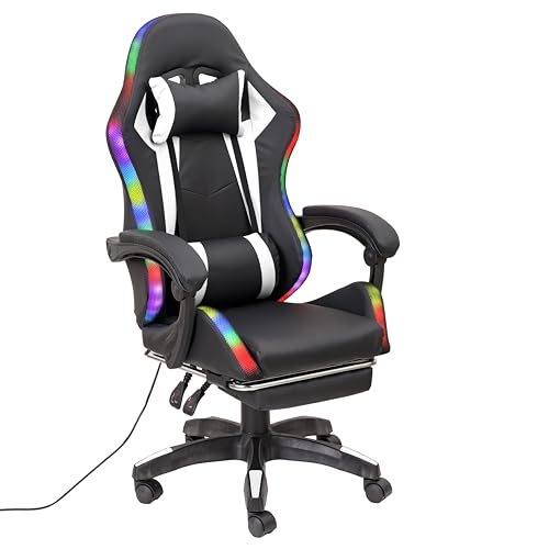 Baroni Home Silla Gaming Ergonómica con Cojín Lumbar, Luces LED Regulables y Reposapiés Extraíble, Silla de Oficina con Respaldo Inclinable y Altura Regulable, Led Blanco, 68x66x125-133 cm