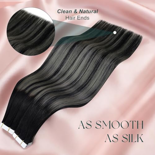 Image of Easyouth Ombre Tape in Extensions Human Hair 20Inch Tape ins Human Hair Extensions Black Ombre Silver with Black Balayage Tape in Hair Extension Easy Installation 20pcs 50g Remy Hair Tape in Extension