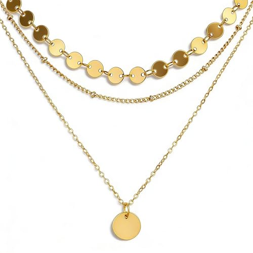 unbholkk Kette Gold Damen, Layering Goldkette Damen, Halskette Gold Wasserfest Lange Ketten Set, Goldkette mit Anhänger, Stapelbare Vergoldete Kette Rund Plättchen Schmuck