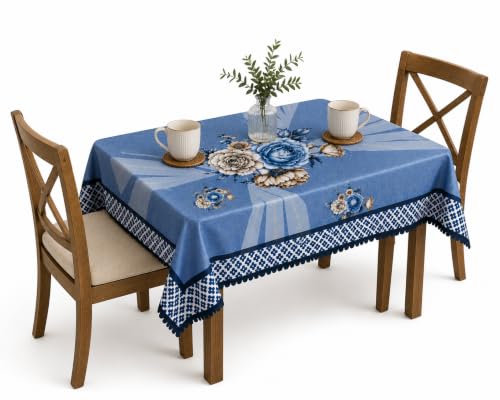 Image of Floral Dining Table Cover for 4 Seater | 58 x 38 Inch Rectangle Polyester Table Cloth | Washable Fabric Table Cover for Dining Table | Dust & Scratch Protection | Sky Blue