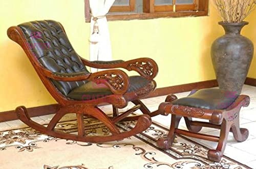 Image of CRAFTCITY Rocking Chair |Sheesham Wood Elegant Rocking Chair with Pillow and Matching Foot Stool and Pre assembeled (Black)