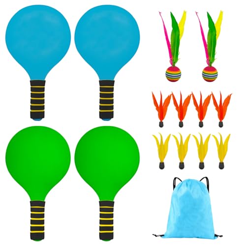 Orizizhic Beachball Set with 4 Schläger + 10 Federbälle, Strandspielzeug Paddle Ball Spiel, Beach Ball Set Holz Schläger Spiel für Kinder Erwachsene Familie Garten & Strand Party Strandspiele