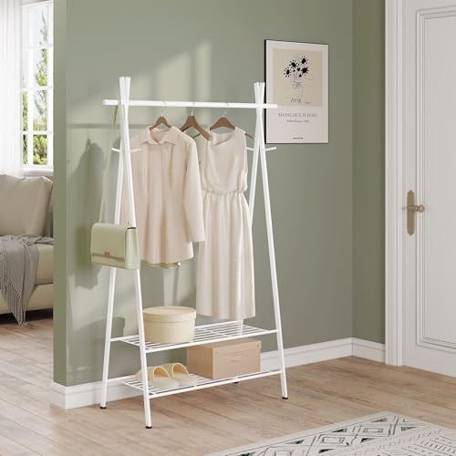 eSituro Kleiderständer Stabil mit Schuhablage Haken Garderobenständer mit Kleiderstange aus Metall Weiß