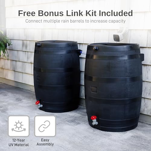 Image of RTS Home Accents 50-Gallon ECO Rain Barrel Made with 100% Recycled Plastic, Flat Back Rain Water Collection Barrel, Link Kit Included, Black (2 Pack)