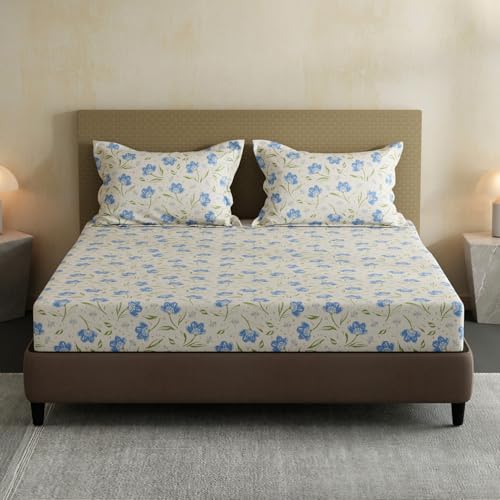 Image of Layers 100% Cotton Bedsheet for Double Size Bed | Lumina Floret Collection | 144 TC Soft & Breathable | Floral Print with 2 Pillow Covers | Wrinkle Free & Colorfast | 3 Piece Bedding Set - Blue