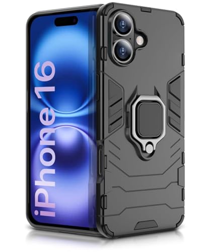 Image of WOW IMAGINE Shock Proof Back Case Mobile Cover for iPhone 16 | Back Cover Case (Tough Armor | Hybrid PC + TPU | Ring Holder & in-Built Kickstand | Black)