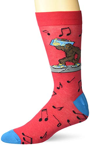 K. Bell Men's Pop Culture Slapstick Fun Novelty Crew Socks, Red (Bigfoot Boombox)