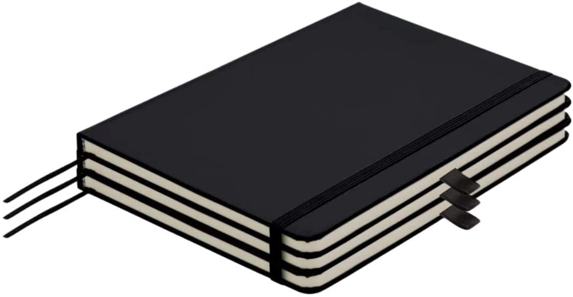 Tezkar Classic Lined Notebook | A5 Size PU Notebook With Pen Holder, Ruled Paper Notebooks, Writing Pads, Diary - 96 Pages/Black - Pack of 3