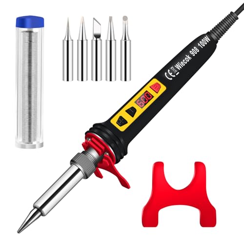Fer a Souder Etain, Fer à Souder Kit 100W, Fer à Souder Température Réglable 200~600℃, Interrupteur ON/OFF, 5 Pointes de Fer à Souder, Soudure Etain pour Réparation Soudure - Noir