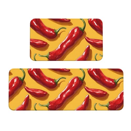 GVYGVY Antifatigue Kitchen Mats for Floor 2 Piece - Realistic Chili Pepper Red Print Kitchen Rugs Washable, Non Slip Runner Rug Standing Mat for Office/Bathroom/Laundry/Home Decor and Accessories