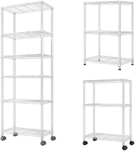 Heavy duty carbon steel wire shelving unit with wheels and leveling feet, 6 tier adjustable rack for garage pantry.