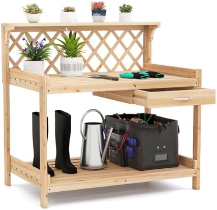 COSTWAY Table de Rempotage en Bois de Sapin avec Treillis à Clair...