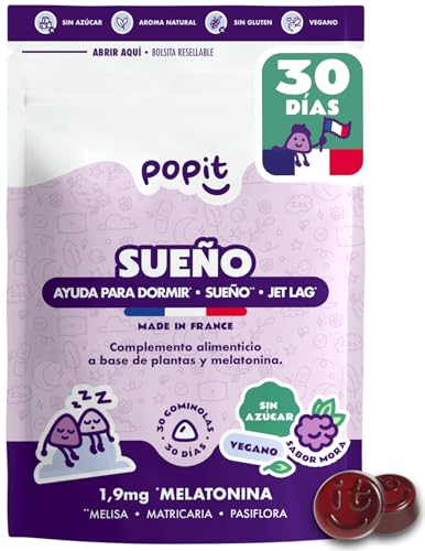 POP IT Melatonina Gominolas 1,9 mg - Sueño Reparador y de Calidad - Gominolas para dormir con Manzanilla, Melisa y Melatonina Pura Sin Azúcar - Vegano, Sabor Mora - 30 Uds