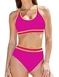 Women's High Waisted Bikini Sets Two Piece Swimsuits for Women Sporty Color Block Cheeky High Cut...