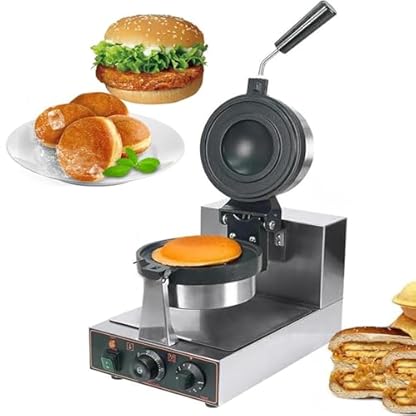 ASnwpaK 1300W Kommerzielles Elektrisches Hamburger-Waffeleisen, Antihaftbeschichteter Hamburgermaker, Beidseitige Heizung, Temperatur: 50–300 °C/Zeit: 0–2min., FüR Hamburger, Dorayaki, Panini