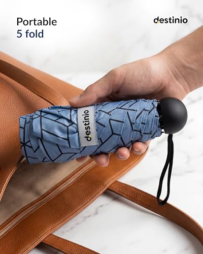 Image of Destinio Capsule Umbrella, 5 Fold Manual Open 19 Inch Small Umbrella for Women and Men with UV Coating for Sun Protection, Foldable Mini Umbrellas for Rain and Sun (Navy Blue Printed)