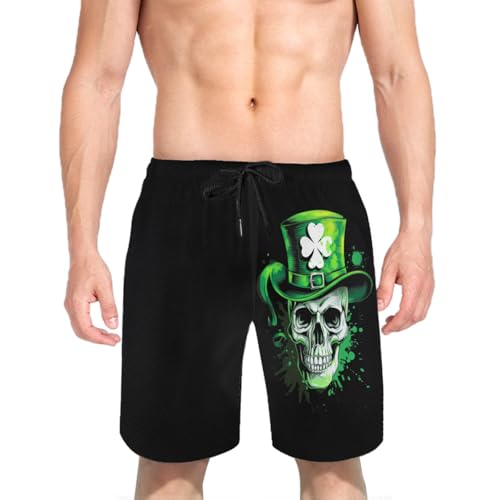 Retro St Patricks Day Irish Clover Skull Mens Swim Trunks Quick Dry Board Shorts with Mesh Lining3
