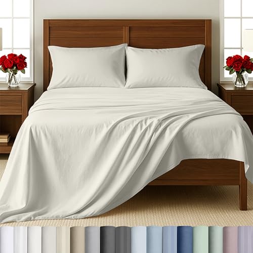 Image of California Design Den 500TC 100% Cotton Queen Sheets Set, Eggshell Cream | Good Housekeeping Seal, OEKO-TEX Certified, Silky-Soft Sateen Weave, 4pc Set, 16 inch Deep Pockets, For Hot Sleepers, All-Season