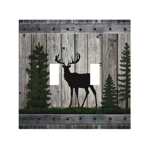 Decorative Light Switch Cover Plate Rustic Deer Elk Forest Grey Wood Board 2 Gang Wall Plate Oversized Double Toggle Two Switch Wall Cover Plate Dual Device Faceplate