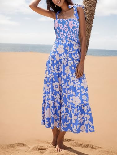 Image of kinstell Women's Summer Boho Spaghetti Strap Square Neck Ruffle Casual Flowy Long Dress Beach Swing Party Maxi Dress