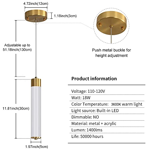 Gednbo Pendant Lights, Kitchen Island Lighting, 18W 3600K Led Gold Hanging Ceiling Light Fixture With Adjustable Height, Modern Dining Room Pendant Light With Acrylic Stripe Shade #TOP1