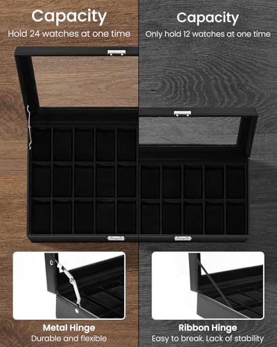 Image of Uten 24-Slot Watch Box, PU Leather Watch Case with Glass Lid, Watch Holder Organizer with Soft Pillow and Velvet Lining, Watch and Jewelry Storage Box