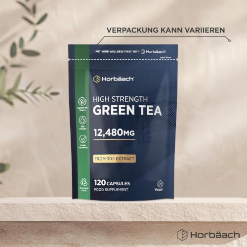 Grüntee Extrakt 12480 mg pro Tagesdosis | 120 Pulver Kapseln | Hochdosiert Green Tea | Vegane | von Horbaach