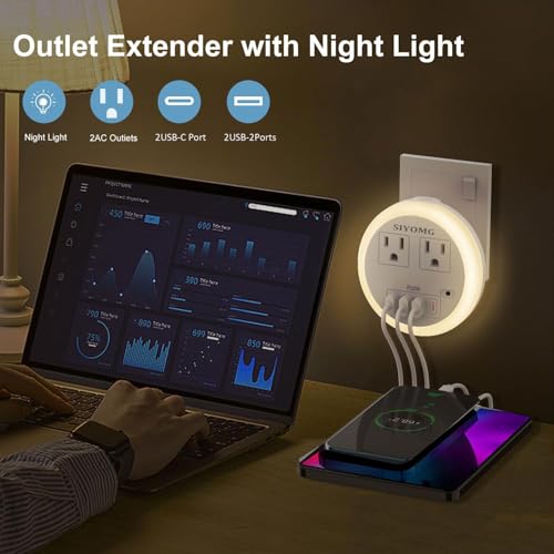 Image of LED Night Lights Plug into Wall, Plug in Night Light with 4 USB Ports and 2 Outlets, Smart Dusk to Dawn Sensor 6-Color Adjustable, Night Light for Bathroom Bedroom Hallway