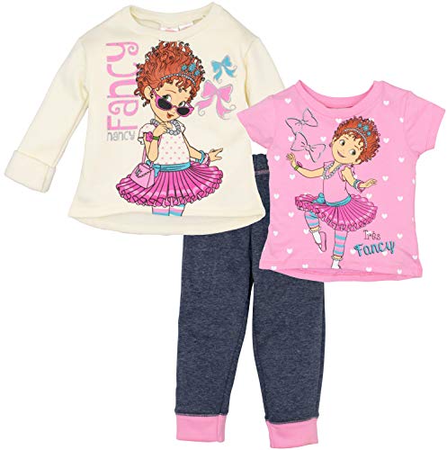 Disney Fancy Nancy Toddler Girls' 3 Piece Long Sleeve Fleece Top, T-Shirt & Pants Set, Pink (4T)