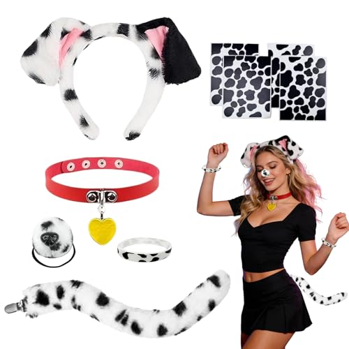 QingWing 9 Stück Dalmatiner Kostüm Set Dalmatiner Kostüm Damen mit Haarbänder Choker Schwänze Nasenprothesen und Aufkleber Handgelenkbänder für Karnevals Festivals und Mottopartys