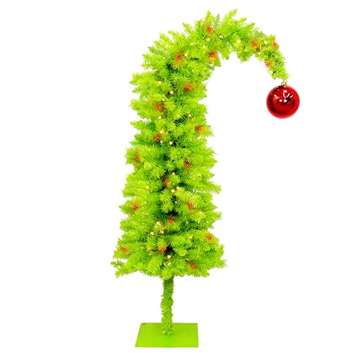 Christmas Concepts 1.5m (5ft) Pre Lit Christmas Tree With Giant Red Bauble Topper - 8 Function 130 Warm White LED Lights - Curved Artificial Tree