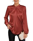 Ladies Sexy Blouses Tops Formal Interview Mock Neck Long Lantern Sleeve Solid Color Slim Fit Shirts Brick Red L