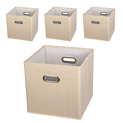 LONGTEAM 12 x 12 faltbare Aufbewahrungskörbe, Baumwoll-Leinen-Stoffbehälter, 4 Stück (beige) Cover