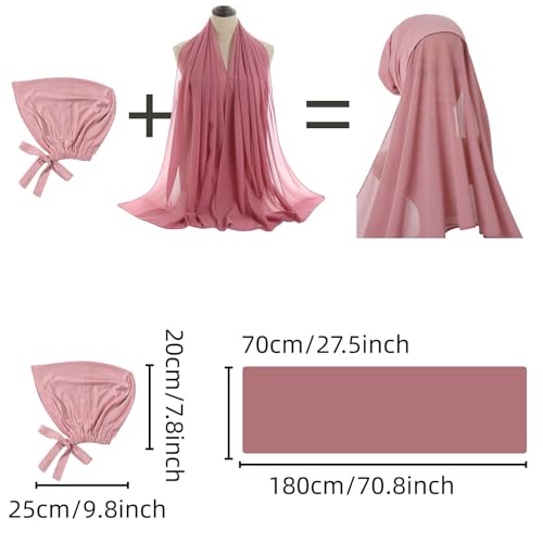 Yeieeo Ready to Wear Hijab with Undercap Chiffon Head Wraps Under Scarf Caps Muslim Fashion Bandage（Dusty pink）