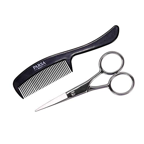 PARSA Men Bartpflege Set Schere und Kamm Für Vollbärte und Schnurrbärte – 2-teilig – das perfekte Geschenk für Ihn