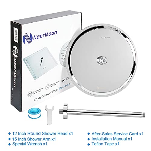Rain Shower Head With Shower Arm, Nearmoon Ceiling Mount Round Shower Heads, Large Stainless Steel Ceiling Rainfall Showerhead-Waterfall Full Body Coverage (12 Inch Shower Head With Arm) #TOP5