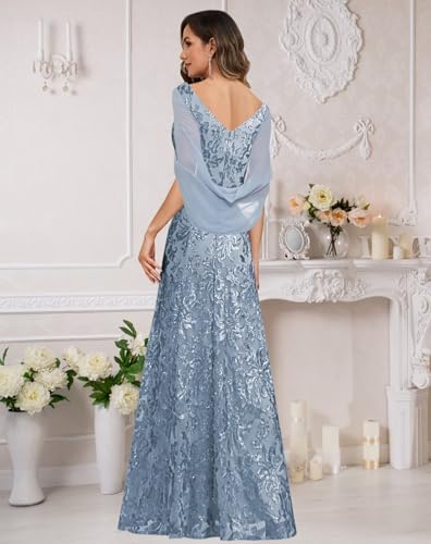 VCCICANY Sequin Mermaid Mother of The Bride Dresses for Women V Neck Long Evening Formal Gown with Cape Sleeves2