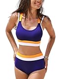 CUPSHE Conjunto de bikini para mujer, traje de baño de dos piezas, cintura alta, bloque de color, tirantes dobles anchos, espalda cruzada, Azul/Amarillo/Blanco, Large