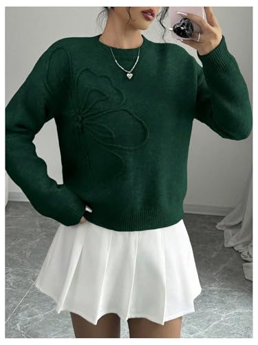 Image of RoseSeek Women's 3D Floral Appliques Crewneck Sweaters Long Sleeve Drop Shoulder Pullovers Elegant Knit Tops