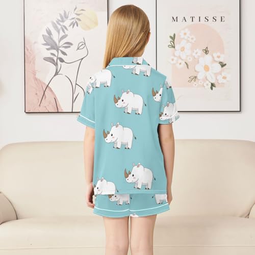 Satin Pajama Sets Short Sleeve Cute Rhino and Cupcakes Button Down Silky Nightwear 2 Piece PJS 5-14Y4