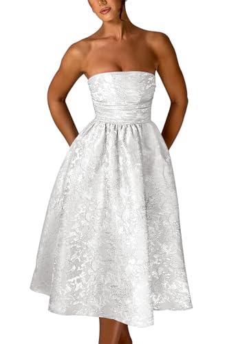 Strapless Tea Length Prom Dresses for Women 2025 Jacquard Satin Evening Party Gown A Line Corset Formal Dress