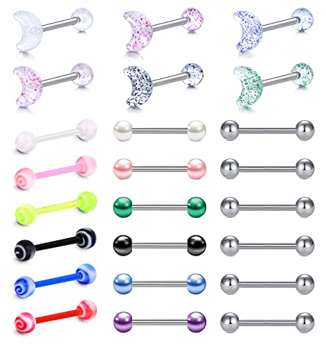 VCMART 24pcs Tongue Bars Rings Pack 14G 12/14/16/18mm Barbell Stainless Steel Metal Glitter Pearl, Stainless Steel