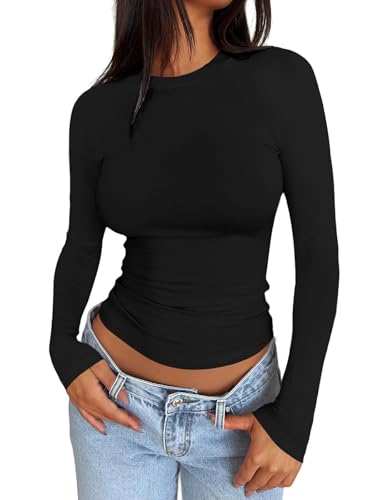 Ekouaer Women Long Sleeve Shirts Ruch Side Thermal Tops Crew Neck Layering Undershirts Stretchy Slim Fit Basic Tees