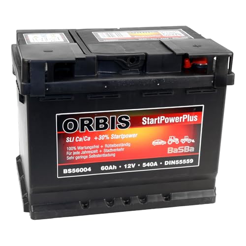 12 V 55 Ah Starterbatterie – gefüllt & geladen, wartungsfrei, Pluspol rechts, robuste Kaltstartleistung für PKW-Alltag, Stadtverkehr und Kurzstrecken Orbis BS56004 | BaSBa 2139