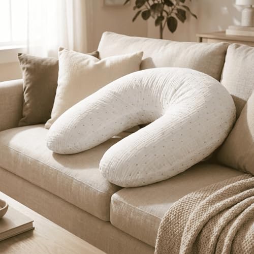 Babysom - Coussin de Maternité 3 en 1 : Grossesse, Allaitement & Repos Bébé - Housse en Double Gaze de Coton Premium - Déhoussable et Lavable - Microfibres Silencieuses - Design Élégant Blanc - XXL