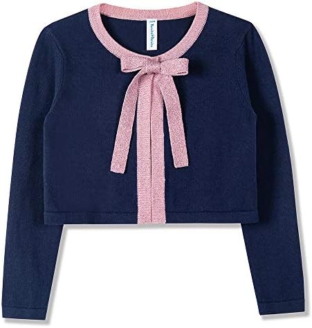 Benito & Benita Girls Cardigan Button Up with Bow Toddler Sweater Cardigan Cotton Kids Dance Shawl Bolero Shrug Long Sleeve Navy-Pink