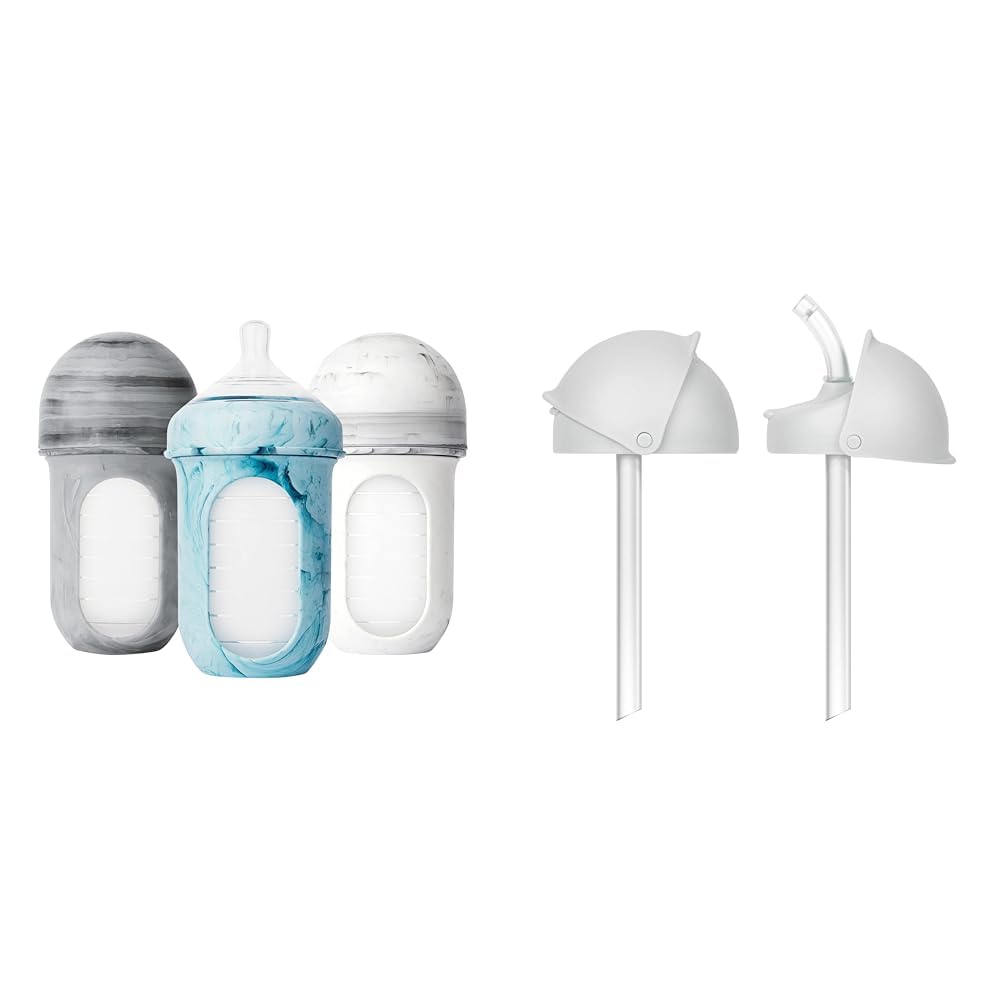 Boon Nursh Silicone Baby Bottles with Conversion Straw Sippy Cup Lids - Stage 2 Medium Flow Nipples - 8 Oz - 3 Count