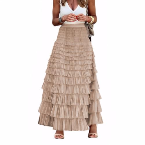Women's Tiered Maxi Skirt A Line Ruffle Mesh Long Tulle Skirts High Waisted Layered Skirts Petticoat