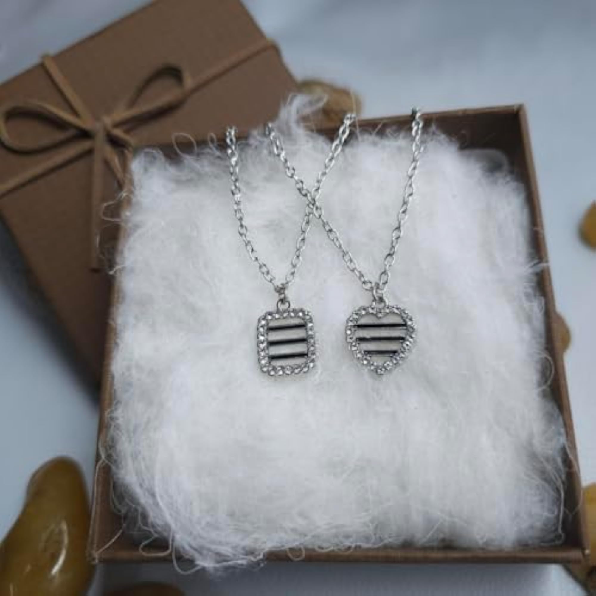 2 PCS Diamond Halo Pendant Necklace Set, Square & Heart Shape