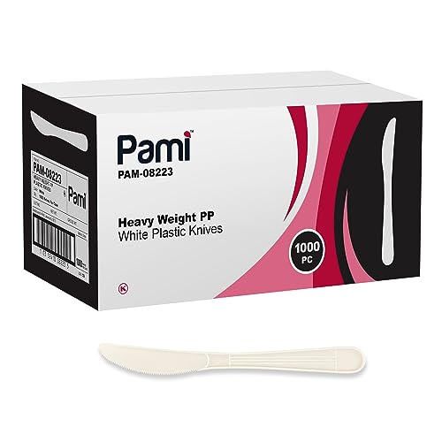 PAMI 1000-Pack Durable Heavy Weight Disposable Plastic Cutlery for Parties Weddings Catering (Knives Regular White)